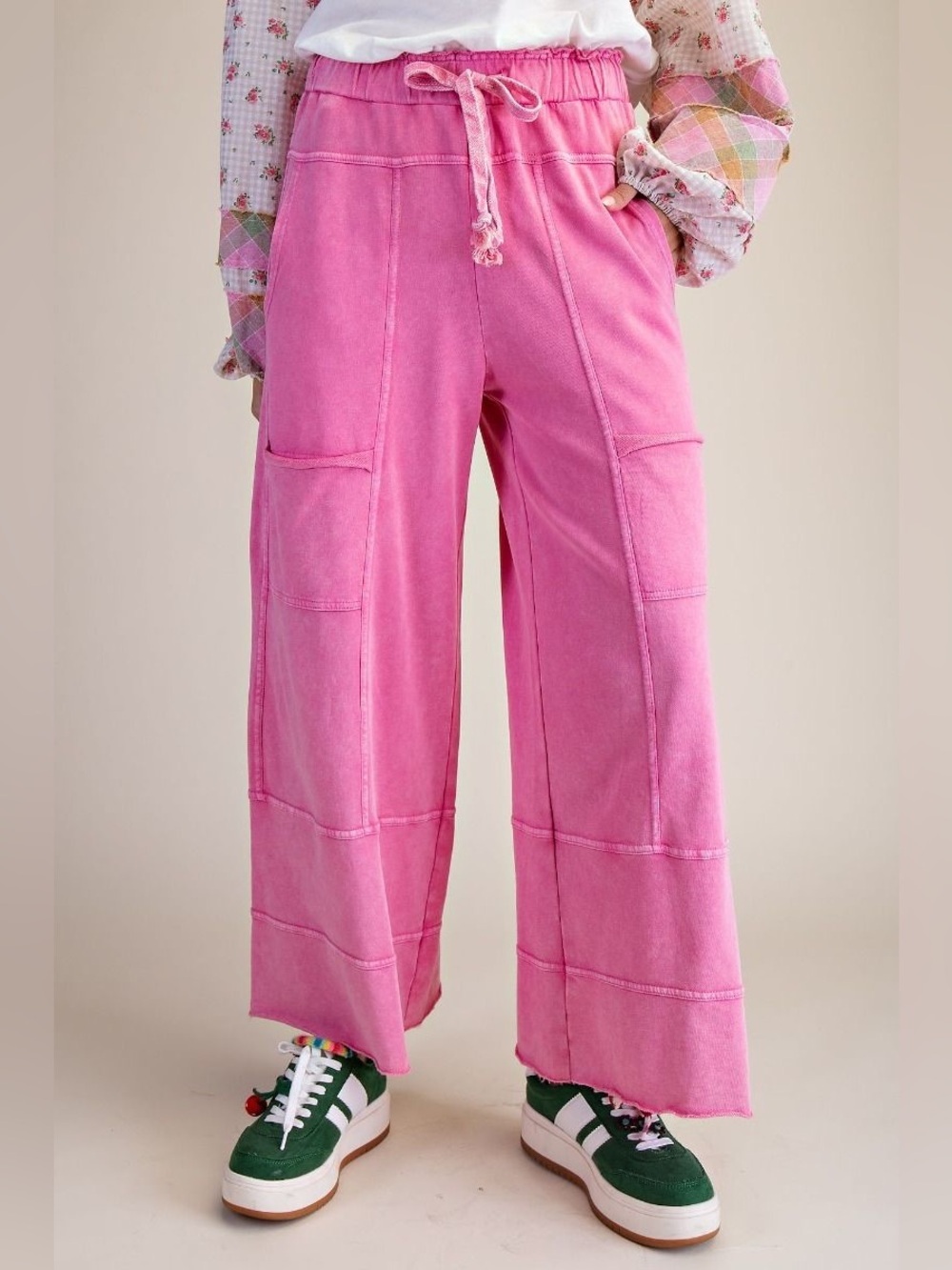 Easel Lazy Days Mineral Washed Wide Leg Pants in Barbie Pink EB41308